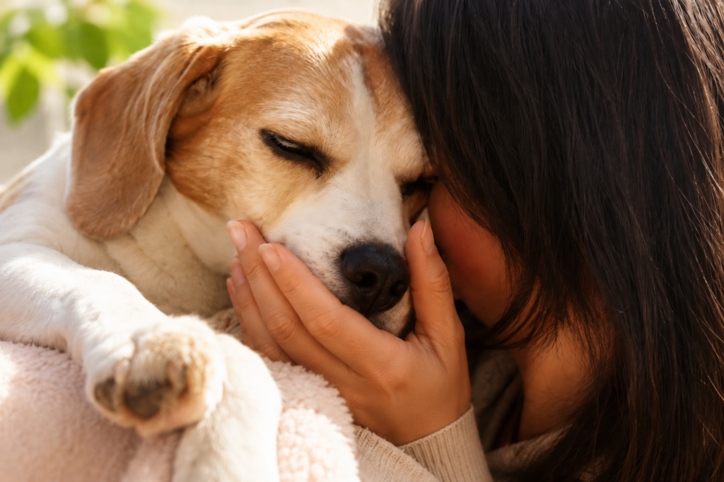 家族の真ん中で甘えるビーグル犬めろ