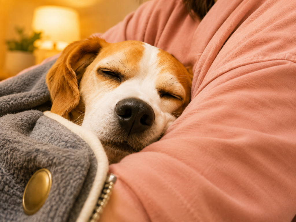 穏やかに休みながらやさしく寄り添うビーグル犬めろ