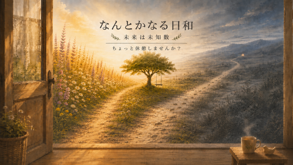 花の咲く過去から未知の未来へ続く道を描いた、なんとかなる日和のブログヘッダー