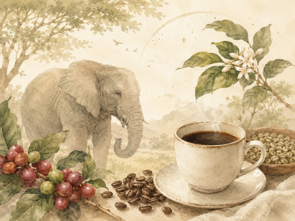 象が食べたコーヒーチェリーからブラックアイボリーが作られる流れを表したイラスト