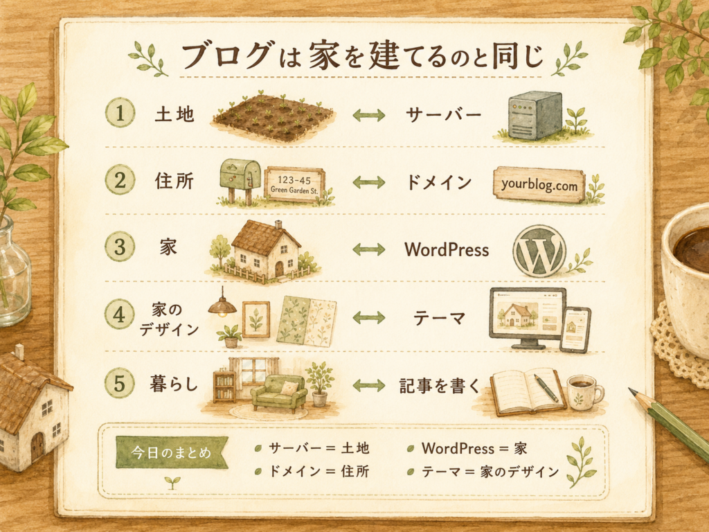 サーバーを土地、ドメインを住所、WordPressを家、テーマを家のデザインに例えた初心者向け解説