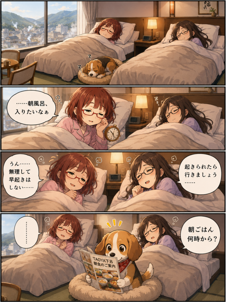 TAOYA下呂の朝に朝風呂と朝食について話すまさみとのあとアニめろ