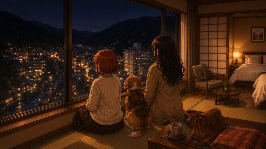 TAOYA下呂の部屋から夜景を眺めるまさみ・のあ・アニめろ