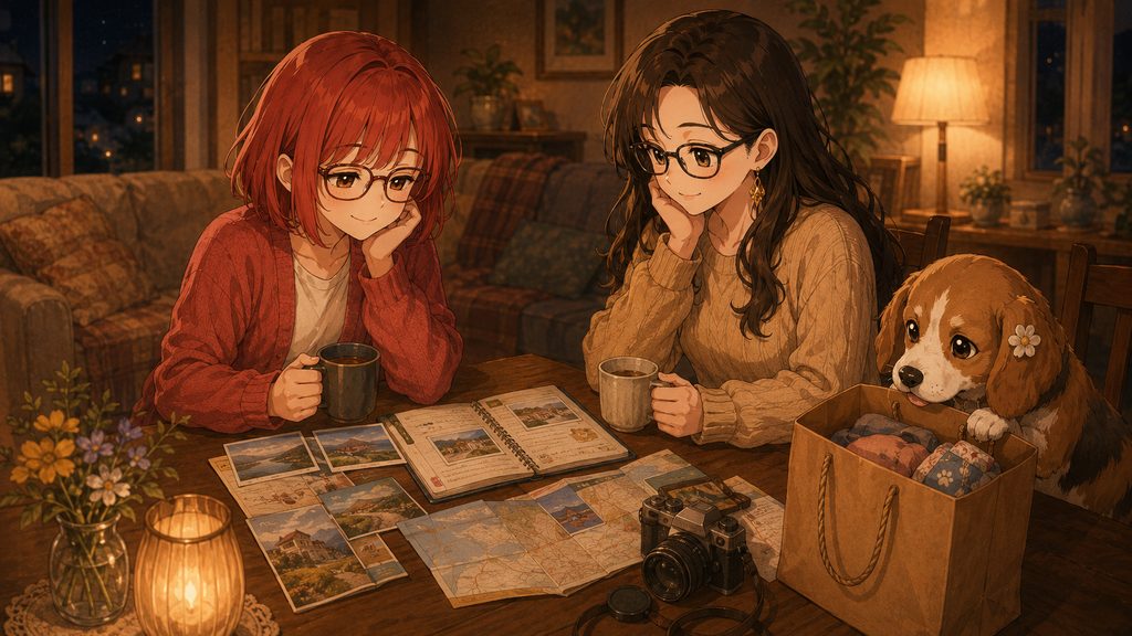 秋のロケハンから帰宅して旅を振り返る三人
