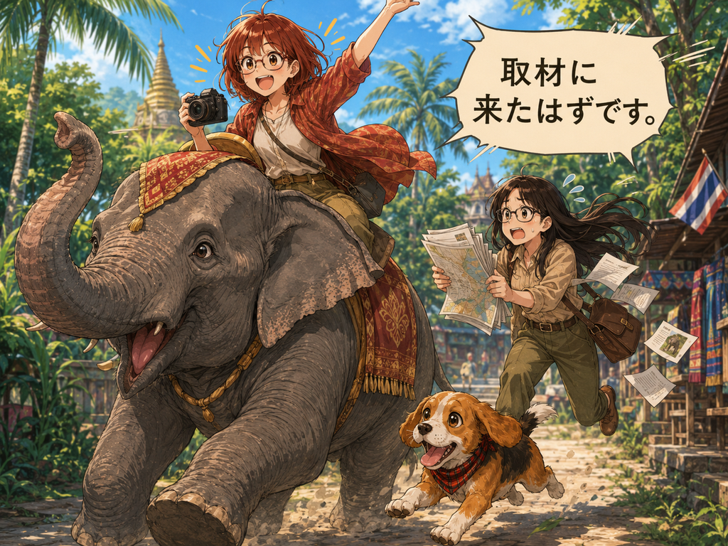 象に乗って海外取材へ向かうまさみとのあ・アニめろ