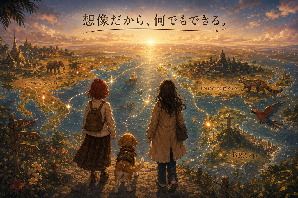 想像の旅で世界へ向かうまさみ・のあ・アニめろ