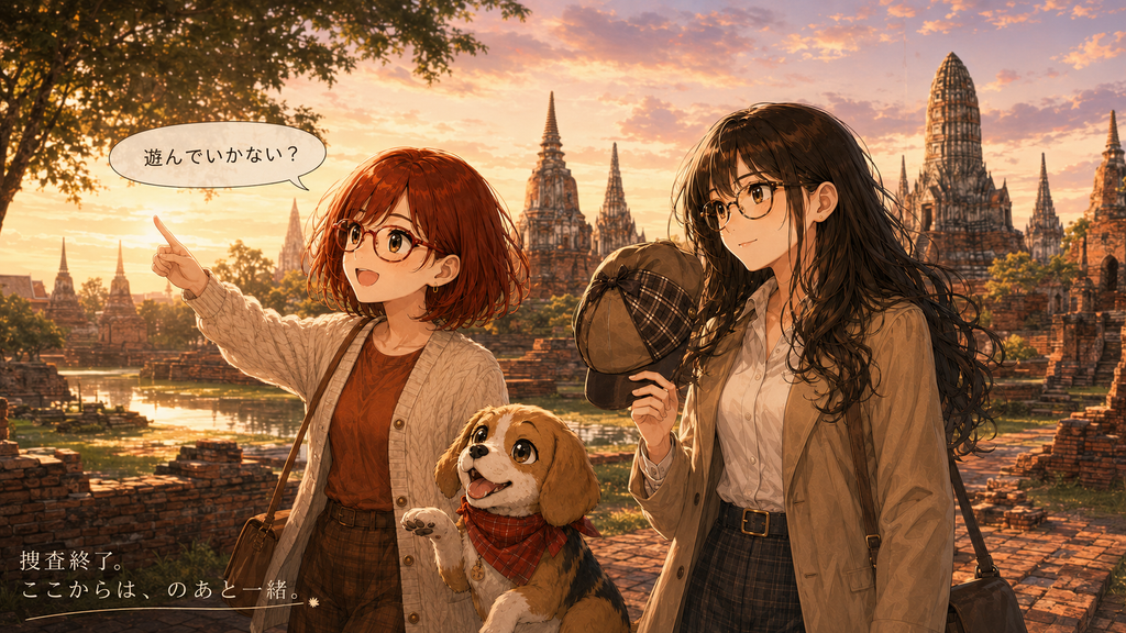 夕暮れのアユタヤ遺跡を歩くまさみとのあとアニめろ